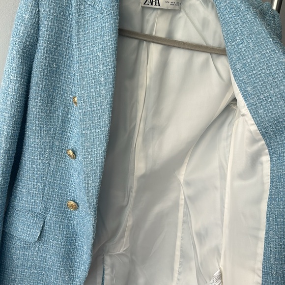 NEW ZARA LIGHT BLUE TWEED OVERSIZED DOUBLE BREASTED BLAZER GOLD BUTTONS SMALL - Picture 7 of 8
